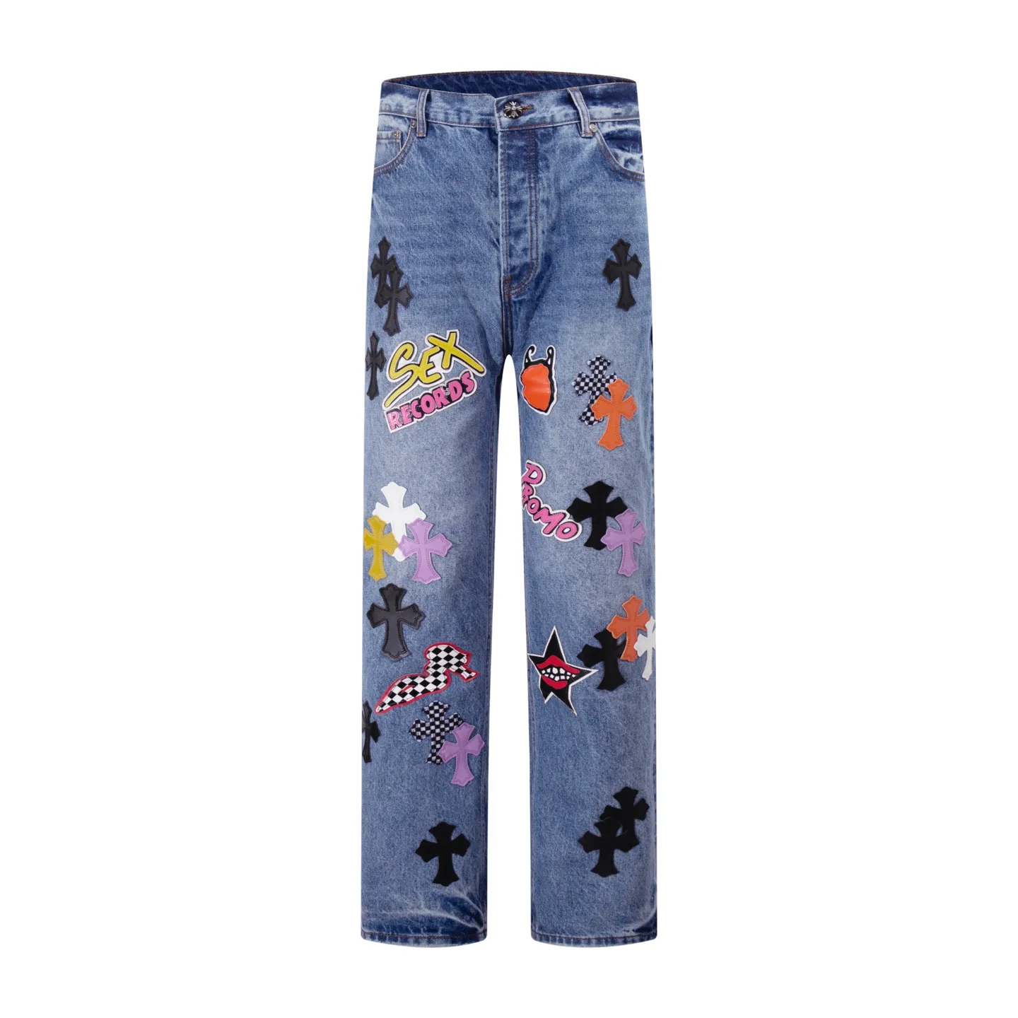 P300 Style number: H67 Croxin & 𝐂𝐡𝐫𝐨𝐦𝐞 𝐇𝐞𝐚𝐫𝐭 ss25 blue SEX mosaic leather jeans. Styles with different washed textures are very friendly to people with thin legs and thick legs. The slightly flared version perfectly modifies the leg shape. The timeless and moderate length makes it easy to match and match. It is the basis for various styles and is a must-have in your wardrobe! The fabric is stiff but also makes the upper body soft without losing texture. The washing process is even more perfect. It is a must-have item for everyone! ! ! Washed wheat, hang tag, pants label, three labels complete Color: blue Size: 28-30-32-34-36